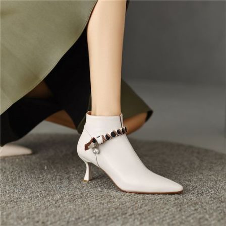 运费险！法式小短靴及踝靴冬季尖头高跟鞋女细跟真皮裸靴高级女鞋