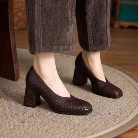 羊皮 7厘米 34-40  方头编织浅口时尚复古高跟英伦风浅口气质单鞋