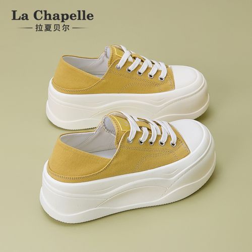 拉夏贝尔黄色帆布鞋女2026新款春季软底不累脚厚底增高休闲板鞋子主图
