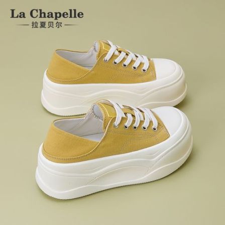 拉夏贝尔黄色帆布鞋女2026新款春季软底不累脚厚底增高休闲板鞋子