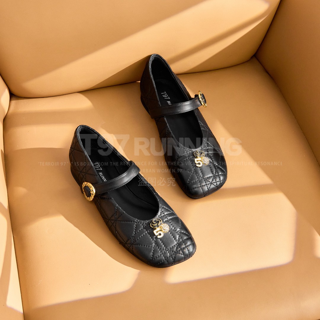 T97新款法式风菱格纹一字带浅口玛丽珍单鞋女G3512主图