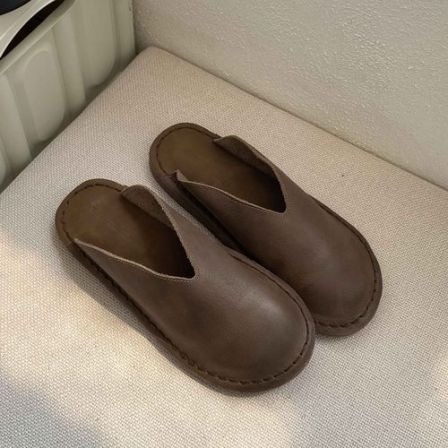 【广州微姐】复古森系手工牛皮平底懒人穆勒拖鞋P506-A