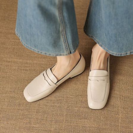 羊皮~2cm法式方头深口单鞋女软底复古乐福鞋百搭平底英伦风小皮鞋