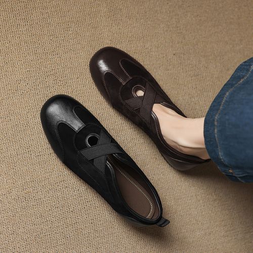 羊皮~2cm复古棕色软底单鞋休闲交叉带时尚平底鞋舒适百搭真皮女鞋主图