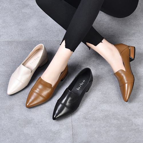 2025秋季新款单鞋女底跟尖头真皮皮鞋粗跟妈妈鞋软底春秋浅口春季主图