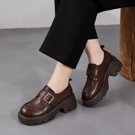 春季高跟乐福鞋真皮女鞋厚底粗跟增高英伦风头层牛皮黑色百搭单鞋