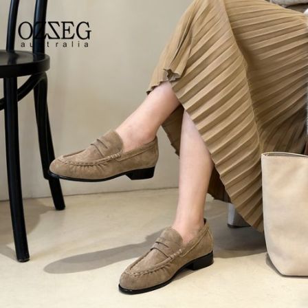 OZZEG乐福鞋女褶皱2026春夏新款舒适透气真皮粗跟一脚蹬单鞋26C69