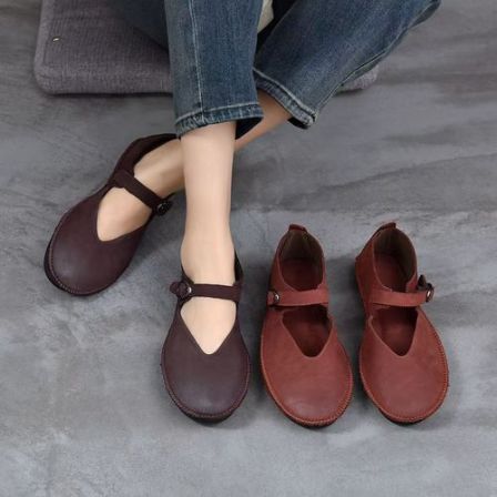 2026年春秋新款头层牛皮防滑橡胶底浅口圆头单鞋女一字扣玛丽珍鞋