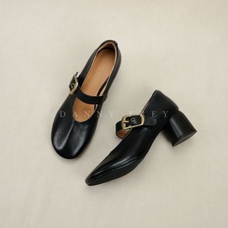 Dannyfrey丹尼芙蕾韩系甜美风真皮单鞋一字浅口做旧玛丽珍鞋5CM