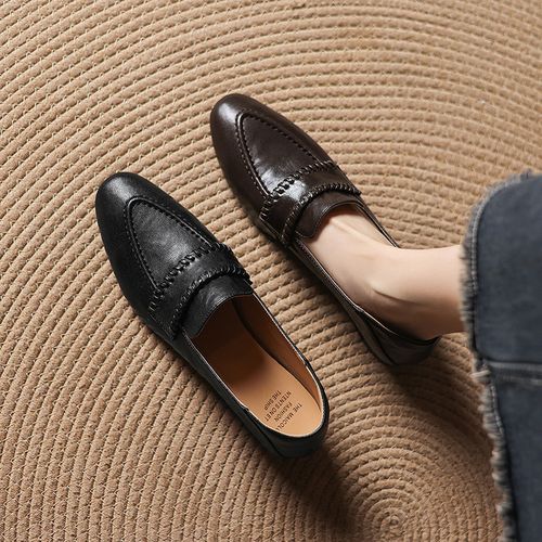 羊皮~2.5cm复古深口单鞋软底休闲乐福鞋英伦风小皮鞋一脚蹬懒人鞋主图