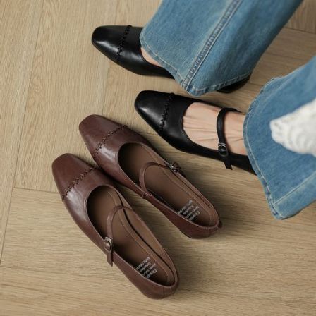 1.5cm 复古百搭粗跟玛丽珍鞋春秋法式气质简约时尚一字带浅口单鞋