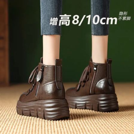 现货增高10CM靴子新款时尚舒适马丁靴真皮厚底复古短靴英伦休闲