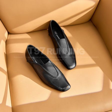 T97【胎牛版】新款法式低跟方头松紧编织真皮通勤百搭单鞋女G3511