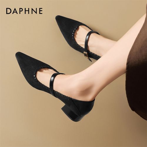 达芙妮复古一字带尖头浅口单鞋女2026新款法式绒面粗跟玛丽珍皮鞋主图