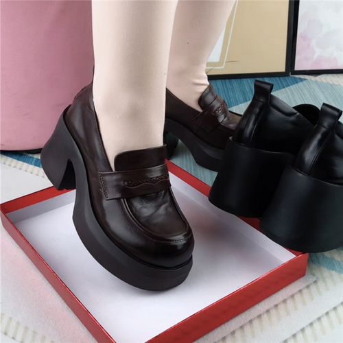 单鞋女真皮圆头粗跟深口一脚蹬皮鞋女复古休闲百搭软皮软底乐福鞋主图