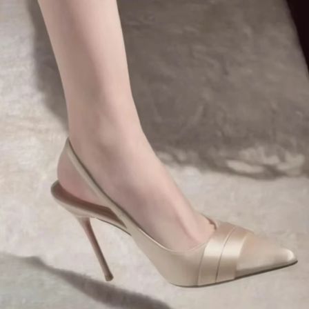 磨砂森系尖头浅口高跟一字带凉鞋法式夏季气质芭蕾风高跟鞋