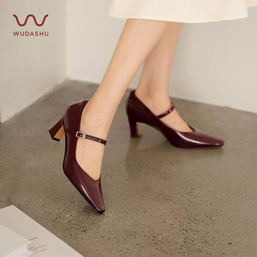 吴大叔春夏新款法式一字带粗跟气质百搭通勤方头方根A31B1F1021A主图