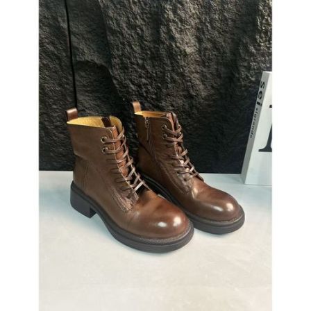 李大龙~牛皮3.5公分/复古真皮短靴女鞋百搭时尚秋冬靴子92123