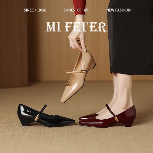 牛皮版~2026春夏季新款法式复古尖头粗跟一字扣玛丽珍真皮女单鞋主图