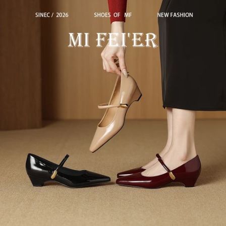 牛皮版~2026春夏季新款法式复古尖头粗跟一字扣玛丽珍真皮女单鞋