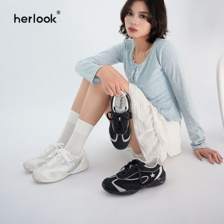HERLOOK海洋系列芭蕾风德训鞋女2026新款百搭时尚软底休闲小白鞋