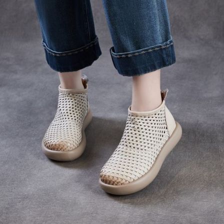 原创复古圆头编织镂空女鞋真皮凉靴女厚底洞洞鞋春夏新款罗马凉鞋