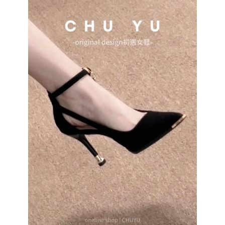 绒面黑色高跟鞋女成人礼镂空一字带职业工作鞋加宽加肥尖头单鞋