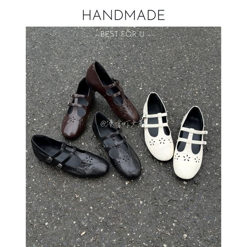 漫言町2cm头层羊皮圆头法式玛丽珍单鞋一字带复古雕花小皮鞋浅口主图