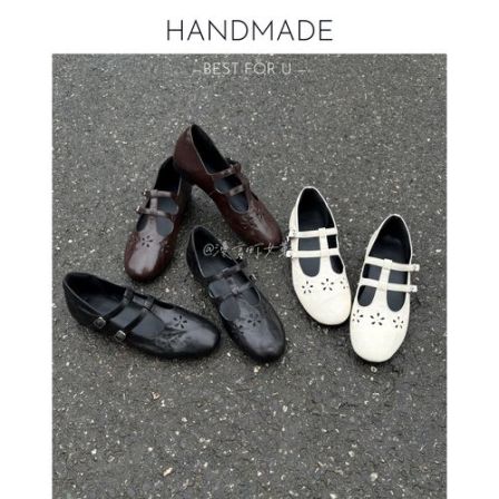 漫言町2cm头层羊皮圆头法式玛丽珍单鞋一字带复古雕花小皮鞋浅口