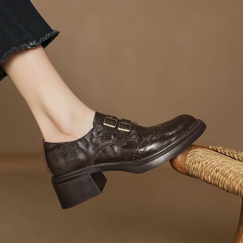 羊皮~5cm复古风粗跟乐福鞋皮带扣休闲百搭一脚蹬懒人鞋软底单鞋女主图