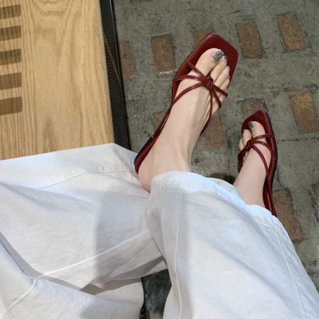 葡萄妈studiolee 法式方头高跟鞋细带粗跟平底凉拖鞋女夏季2024款