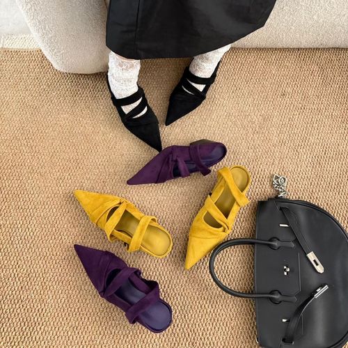 26新款法式复古绒面尖头软底后空单鞋不累脚通勤时尚百搭粗跟单鞋主图