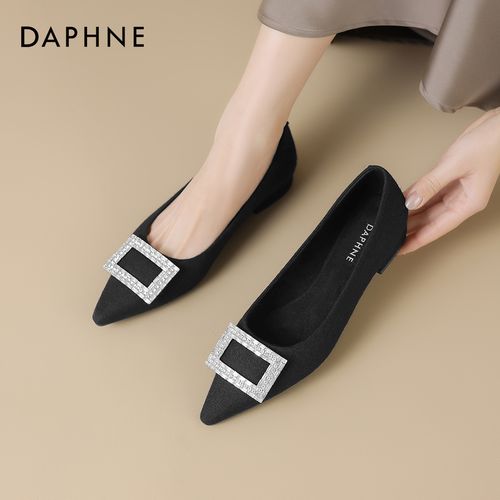 达芙妮法式绒面尖头单鞋女2026新款气质浅口女鞋水钻黑色平底鞋子主图
