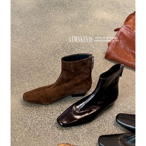 吕小布 |韩系法式踝靴瘦瘦靴 方头粗跟后拉链秋冬加绒短靴女0363主图