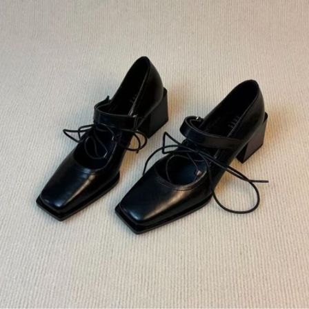 2026春夏季交叉绑带玛丽珍单鞋时尚高跟女鞋英伦芭蕾风粗跟方头鞋