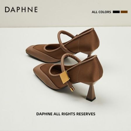 达芙妮棕色高跟鞋新款2025秋季复古玛丽珍女鞋一字带细跟方头单鞋