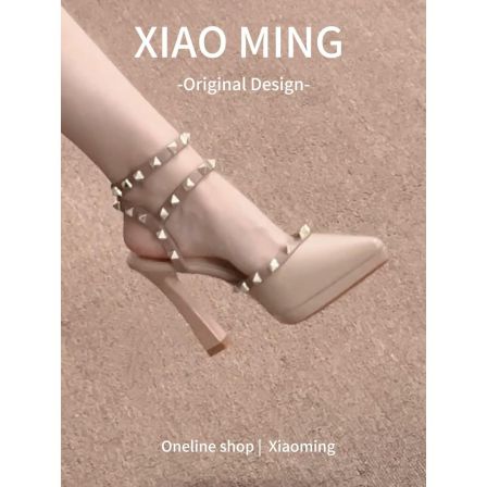 欧美风铆钉一字带尖头中空粗跟高跟鞋女气质性感裸色漆皮高跟鞋