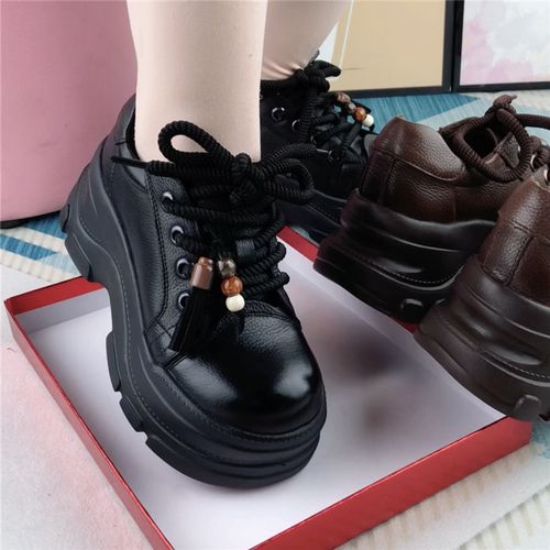 单鞋女真皮圆头厚底深口系带皮鞋女复古休闲鞋百搭软皮软底妈妈鞋主图