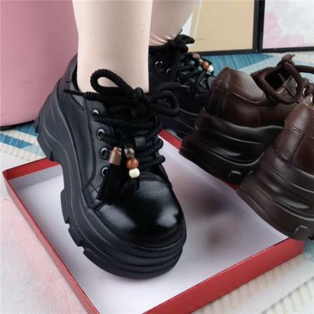 单鞋女真皮圆头厚底深口系带皮鞋女复古休闲鞋百搭软皮软底妈妈鞋