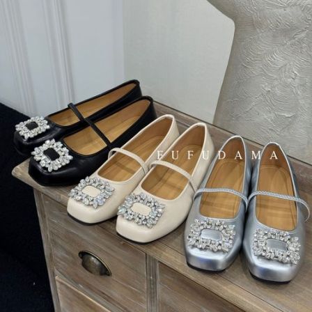 【胖福福大码女鞋】女鞋气质方头芭蕾鞋水钻软皮单鞋女软底单鞋