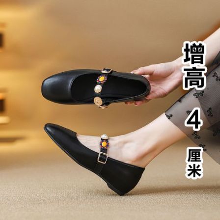 软皮方头气质金属扣一字带玛丽珍鞋女浅口内增高复古百搭软底单鞋