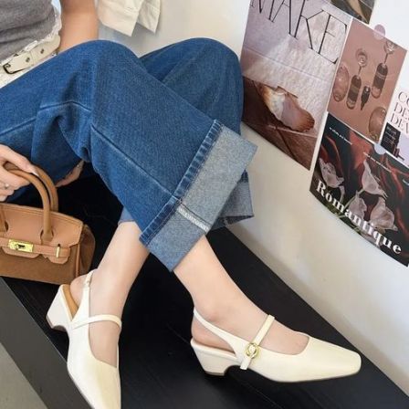 漫斯贝尔法式方头粗跟包头鞋女新款夏季一字带后空百搭玛丽珍单鞋