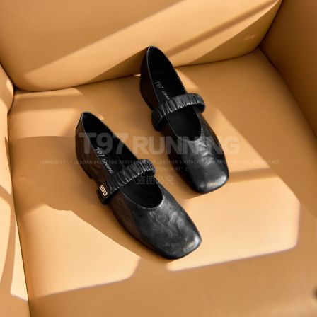 T97【胎牛版】新款时尚方头浅口一字带软皮低跟百搭真皮单鞋G3509