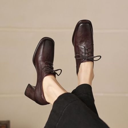 羊皮 7厘米 34-40 复古百搭粗跟英伦风方头系带时尚深口单鞋