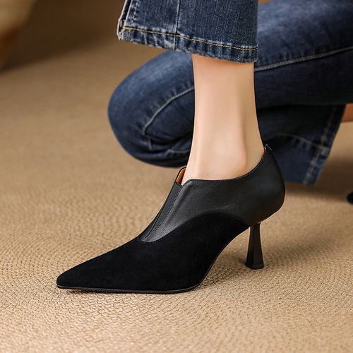 7.5cm羊皮尖头细跟深口单鞋法式百搭v口高跟鞋春秋气质通勤鞋黑色主图