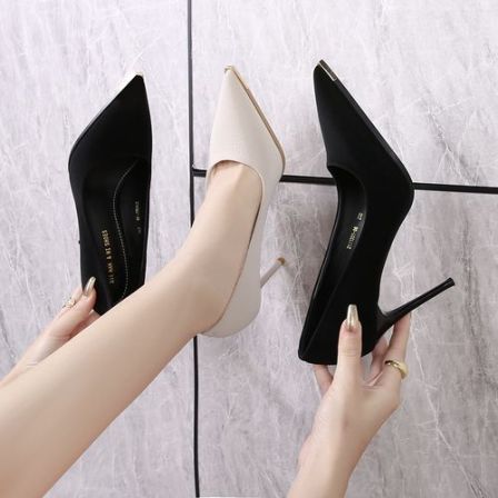 羊皮【9~7公分】2025新款黑色细跟防踢尖头气质百搭浅口高跟鞋单鞋