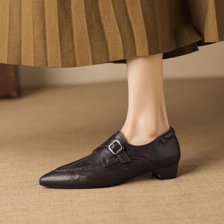 3cm英伦风尖头深口小皮鞋春秋百搭粗跟单鞋真皮一脚蹬乐福鞋气质