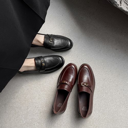 牛皮~2.5cm复古棕色深口乐福鞋软底休闲单鞋女皮带扣一脚蹬懒人鞋主图