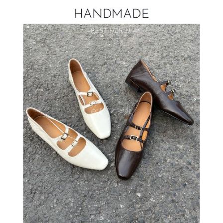 漫言町2cm头层牛皮方头双扣玛丽珍单鞋法式复古平底浅口一字带