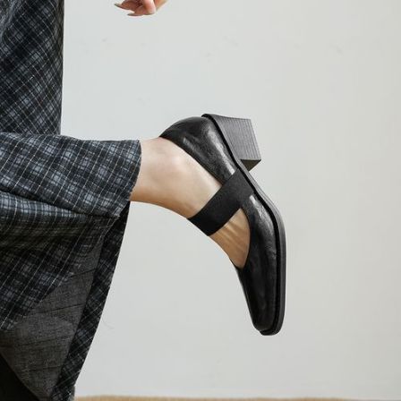 【NICESEE】5cm,春季新款真皮小方头老钱风中跟单鞋女不掉跟高跟鞋